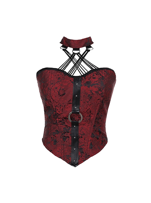Sexy Hot Girl Red Jacquard Dark Pattern Leather Buckle Decoration Punk Style Halterneck Tube Top