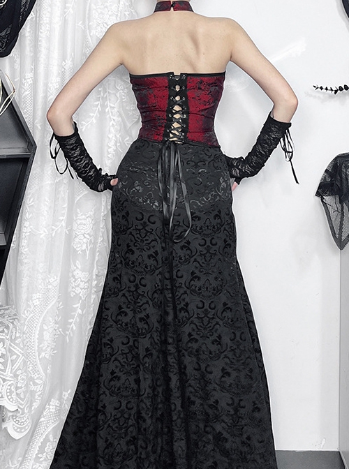 Sexy Hot Girl Red Jacquard Dark Pattern Leather Buckle Decoration Punk Style Halterneck Tube Top