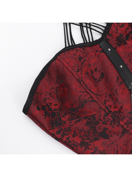 Sexy Hot Girl Red Jacquard Dark Pattern Leather Buckle Decoration Punk Style Halterneck Tube Top