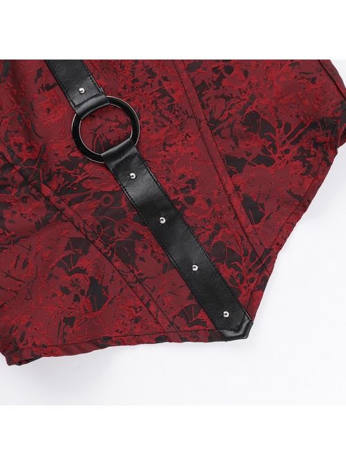 Sexy Hot Girl Red Jacquard Dark Pattern Leather Buckle Decoration Punk Style Halterneck Tube Top