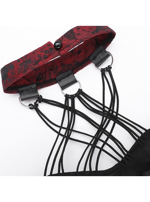 Sexy Hot Girl Red Jacquard Dark Pattern Leather Buckle Decoration Punk Style Halterneck Tube Top