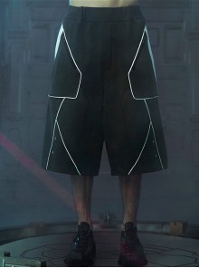 Deep Space Black Street Sports Style Loose Sci-Fi Style Color Matching Six Pockets Pure Cotton Cyberpunk Elastic Waist Short Pants
