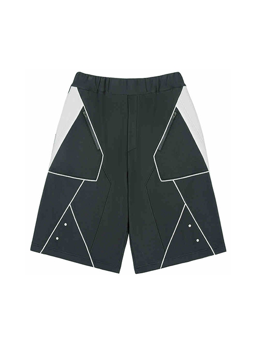 Deep Space Black Street Sports Style Loose Sci-Fi Style Color Matching Six Pockets Pure Cotton Cyberpunk Elastic Waist Short Pants