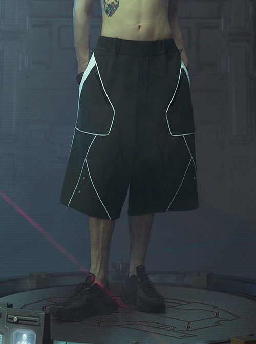 Deep Space Black Street Sports Style Loose Sci-Fi Style Color Matching Six Pockets Pure Cotton Cyberpunk Elastic Waist Short Pants