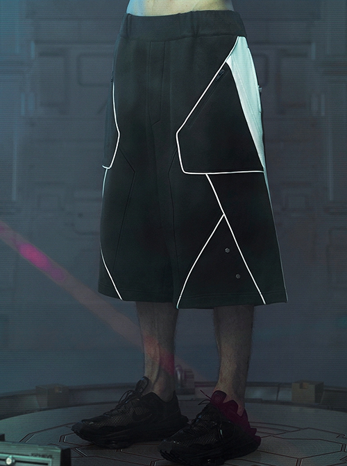 Deep Space Black Street Sports Style Loose Sci-Fi Style Color Matching Six Pockets Pure Cotton Cyberpunk Elastic Waist Short Pants