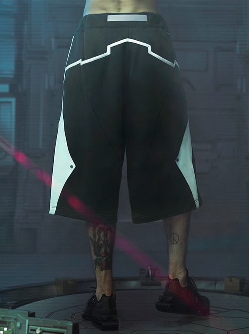 Deep Space Black Street Sports Style Loose Sci-Fi Style Color Matching Six Pockets Pure Cotton Cyberpunk Elastic Waist Short Pants