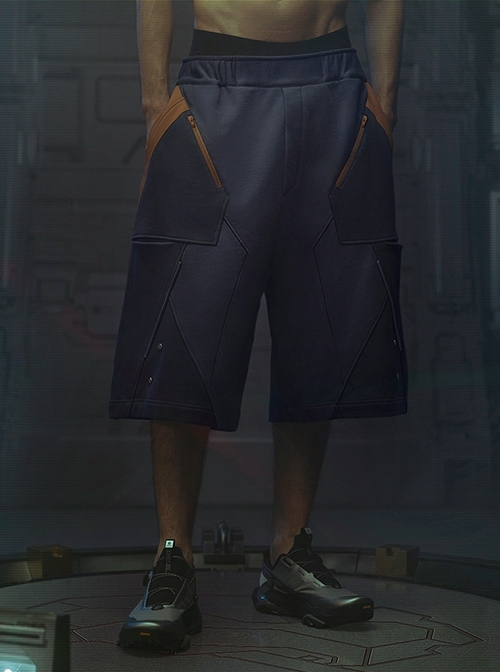 Loose Street Sports Style Pure Cotton Color Matching Eight Pockets Breathable Elastic Waist Cyberpunk Short Pants
