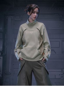 Mecha Style Autumn Winter Small High Collar Side Waist Stitching Waffle Cuffs Metal Zipper Cyberpunk Long Sleeves Pullover Sweatshirt