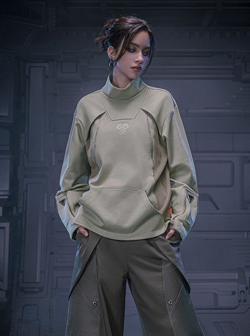 Mecha Style Autumn Winter Small High Collar Side Waist Stitching Waffle Cuffs Metal Zipper Cyberpunk Long Sleeves Pullover Sweatshirt