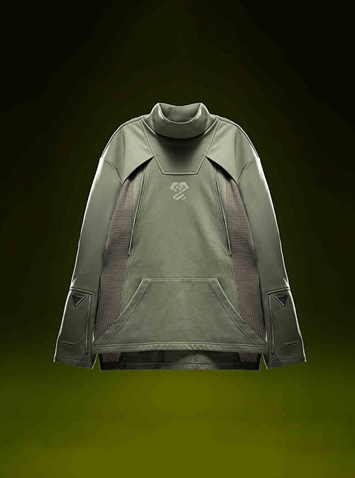 Mecha Style Autumn Winter Small High Collar Side Waist Stitching Waffle Cuffs Metal Zipper Cyberpunk Long Sleeves Pullover Sweatshirt