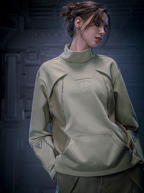 Mecha Style Autumn Winter Small High Collar Side Waist Stitching Waffle Cuffs Metal Zipper Cyberpunk Long Sleeves Pullover Sweatshirt