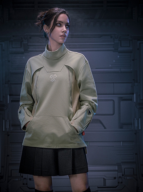 Mecha Style Autumn Winter Small High Collar Side Waist Stitching Waffle Cuffs Metal Zipper Cyberpunk Long Sleeves Pullover Sweatshirt