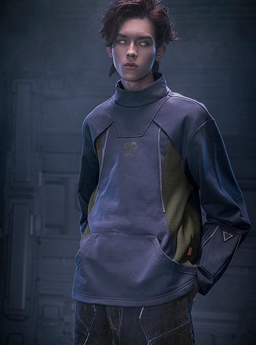 Mecha Style Autumn Winter Small High Collar Side Waist Stitching Waffle Cuffs Metal Zipper Cyberpunk Long Sleeves Pullover Sweatshirt
