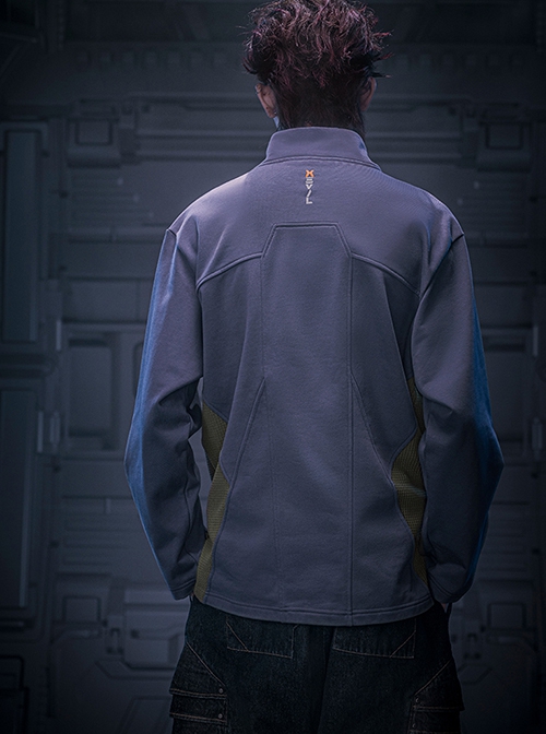 Mecha Style Autumn Winter Small High Collar Side Waist Stitching Waffle Cuffs Metal Zipper Cyberpunk Long Sleeves Pullover Sweatshirt