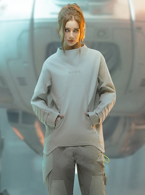Solid Color Astronaut Collar Hidden Pockets Imitation Grid Thruster Port Design Cyberpunk Long Sleeves Pullover Sweatshirt