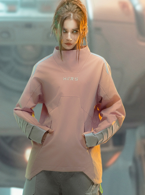 Solid Color Astronaut Collar Hidden Pockets Imitation Grid Thruster Port Design Cyberpunk Long Sleeves Pullover Sweatshirt