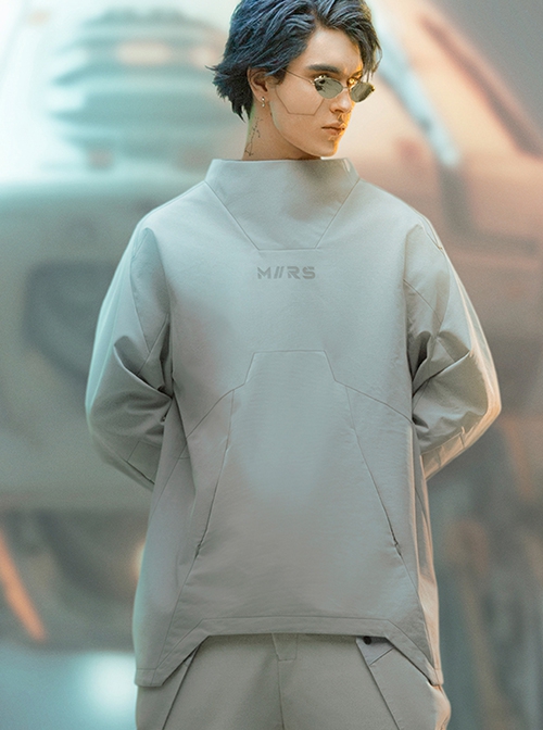 Solid Color Astronaut Collar Hidden Pockets Imitation Grid Thruster Port Design Cyberpunk Long Sleeves Pullover Sweatshirt
