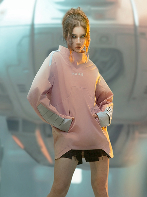Solid Color Astronaut Collar Hidden Pockets Imitation Grid Thruster Port Design Cyberpunk Long Sleeves Pullover Sweatshirt