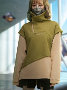 Autumn Winter Green Color Matching Fake Two-Piece Plus Velvet Thickened High Collar Warm Cyberpunk Long Sleeves Pullover Sweatshirt