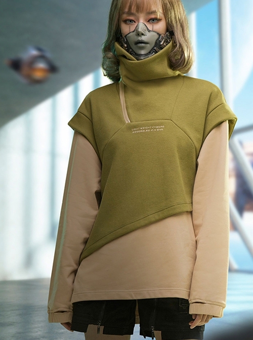 Autumn Winter Green Color Matching Fake Two-Piece Plus Velvet Thickened High Collar Warm Cyberpunk Long Sleeves Pullover Sweatshirt