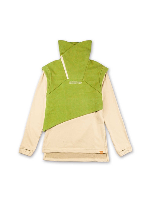 Autumn Winter Green Color Matching Fake Two-Piece Plus Velvet Thickened High Collar Warm Cyberpunk Long Sleeves Pullover Sweatshirt