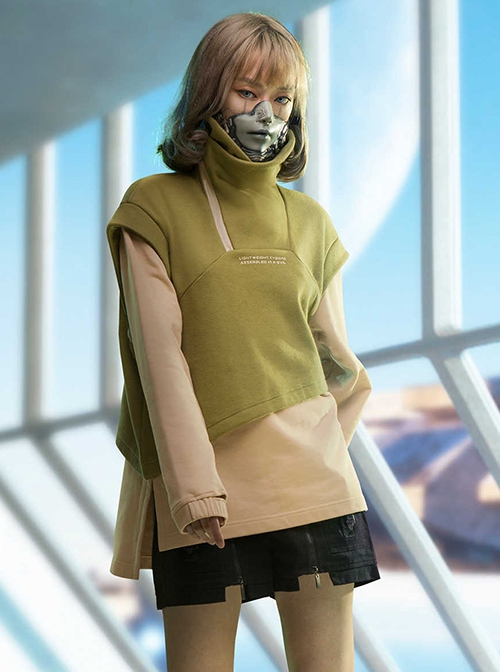 Autumn Winter Green Color Matching Fake Two-Piece Plus Velvet Thickened High Collar Warm Cyberpunk Long Sleeves Pullover Sweatshirt