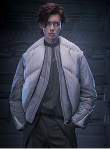 Winter Collarless Thickening Warm Gray Fake Two-piece Removable Sleeves Cyberpunk Long Sleeves Zipper Padded Jacket