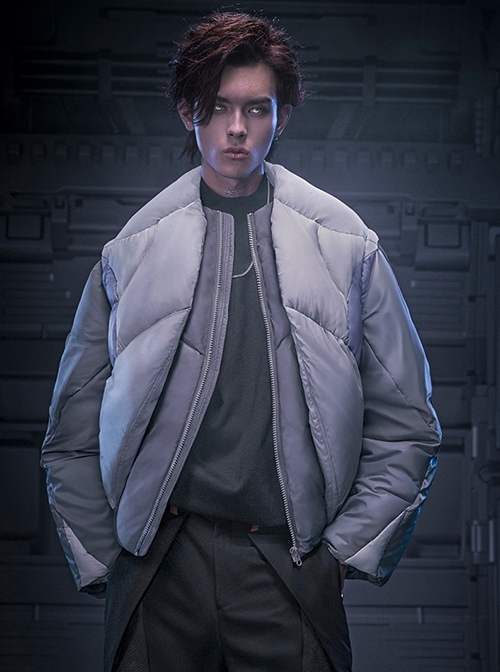 Winter Collarless Thickening Warm Gray Fake Two-piece Removable Sleeves Cyberpunk Long Sleeves Zipper Padded Jacket