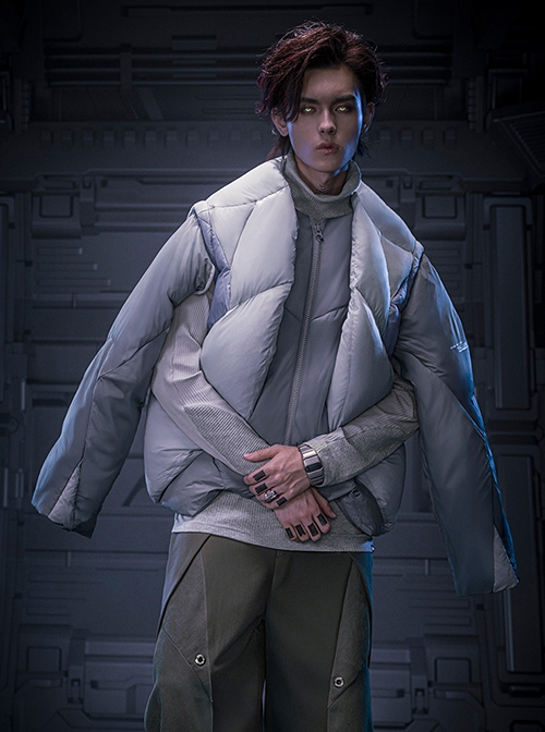 Winter Collarless Thickening Warm Gray Fake Two-piece Removable Sleeves Cyberpunk Long Sleeves Zipper Padded Jacket