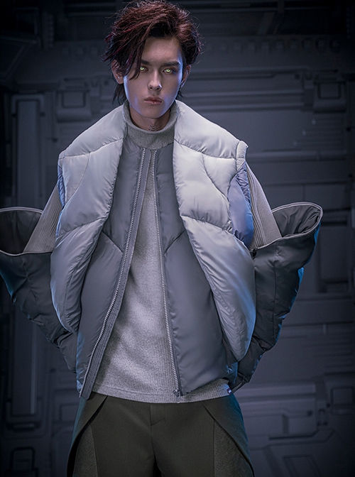 Winter Collarless Thickening Warm Gray Fake Two-piece Removable Sleeves Cyberpunk Long Sleeves Zipper Padded Jacket