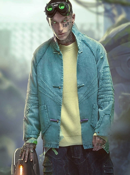 Sky Blue Chinese Style Tang Dynasty Clothing Spring Autumn Street Loose Worn Destruction Cyberpunk Washed Denim Jacket