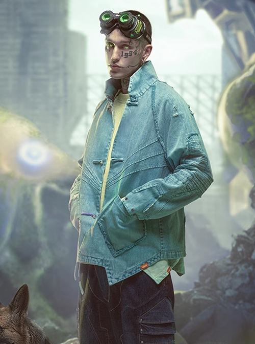 Sky Blue Chinese Style Tang Dynasty Clothing Spring Autumn Street Loose Worn Destruction Cyberpunk Washed Denim Jacket