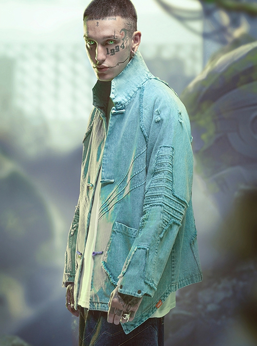 Sky Blue Chinese Style Tang Dynasty Clothing Spring Autumn Street Loose Worn Destruction Cyberpunk Washed Denim Jacket