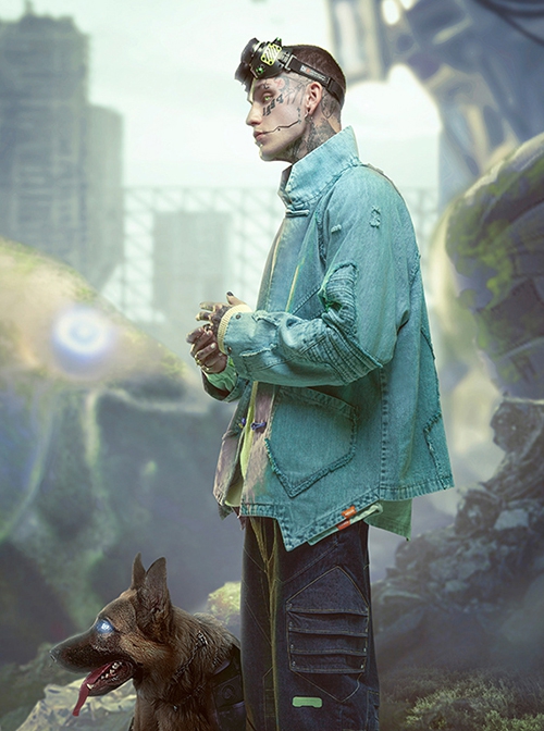 Sky Blue Chinese Style Tang Dynasty Clothing Spring Autumn Street Loose Worn Destruction Cyberpunk Washed Denim Jacket