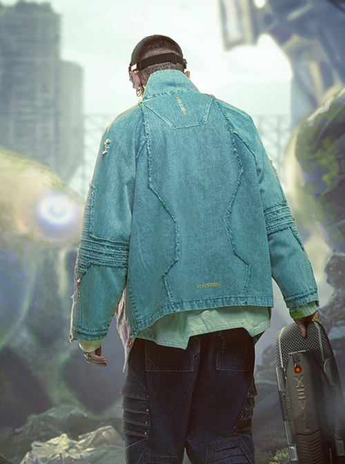 Sky Blue Chinese Style Tang Dynasty Clothing Spring Autumn Street Loose Worn Destruction Cyberpunk Washed Denim Jacket