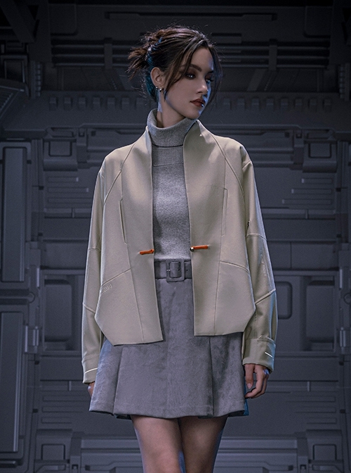 Apricot New Chinese Style Stand Collar One-Button Tang Dynasty Clothing Autumn Minimalist Cyberpunk Short Jacket
