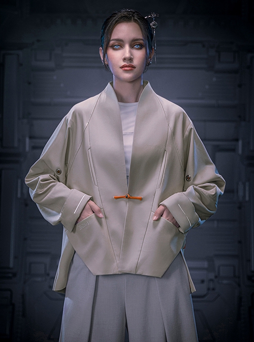 Apricot New Chinese Style Stand Collar One-Button Tang Dynasty Clothing Autumn Minimalist Cyberpunk Short Jacket