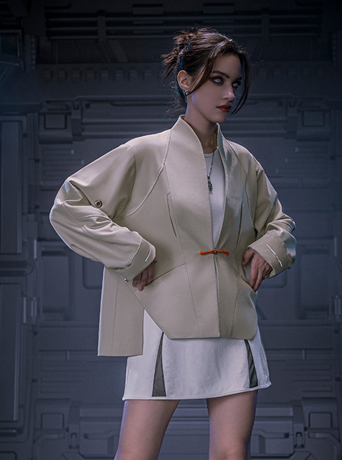 Apricot New Chinese Style Stand Collar One-Button Tang Dynasty Clothing Autumn Minimalist Cyberpunk Short Jacket