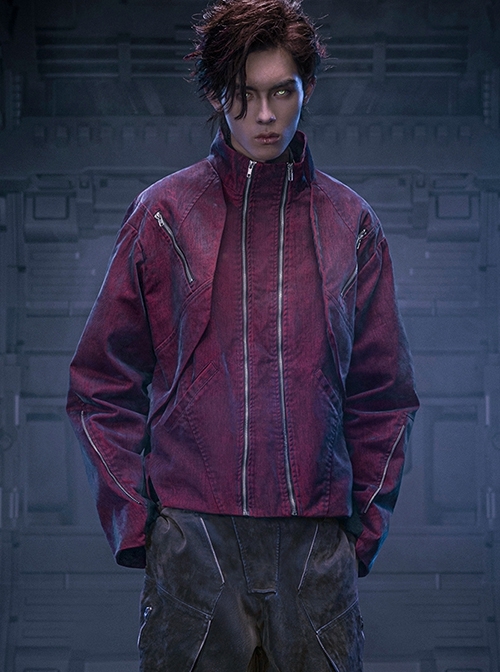 Autumn Winter Stand Collar High Street American Casual Streaming Light Different Color Flocking Cyberpunk Denim Jacket