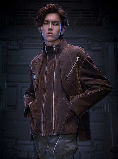 Autumn Winter Stand Collar High Street American Casual Streaming Light Different Color Flocking Cyberpunk Denim Jacket