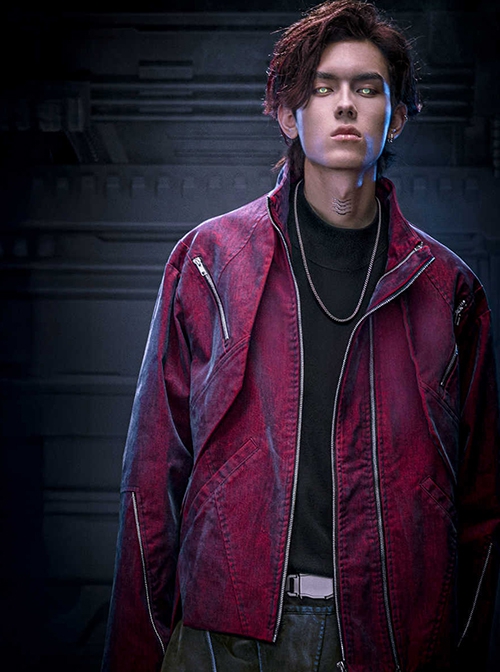 Autumn Winter Stand Collar High Street American Casual Streaming Light Different Color Flocking Cyberpunk Denim Jacket