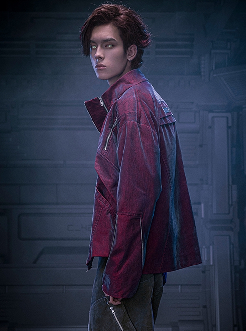 Autumn Winter Stand Collar High Street American Casual Streaming Light Different Color Flocking Cyberpunk Denim Jacket