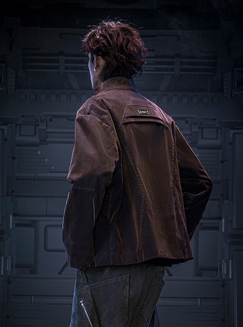 Autumn Winter Stand Collar High Street American Casual Streaming Light Different Color Flocking Cyberpunk Denim Jacket