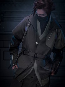 Autumn Color Matching Fake Two-Piece Double-Layer Oblique Placket Assassin-style Cyberpunk Mid-Length Hooded Windbreaker With Waistband