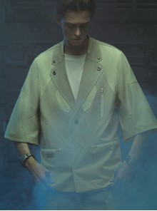 Sand Owl Series Summer American Casual Integrated Structure Flat Suit Collar Daiquiri Gray Green Loose Cyberpunk Short Sleeves Suit Jacket
