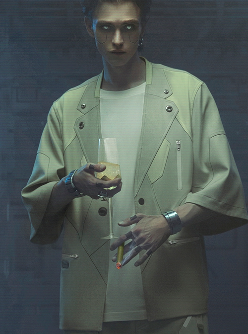 Sand Owl Series Summer American Casual Integrated Structure Flat Suit Collar Daiquiri Gray Green Loose Cyberpunk Short Sleeves Suit Jacket