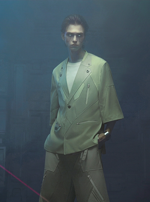 Sand Owl Series Summer American Casual Integrated Structure Flat Suit Collar Daiquiri Gray Green Loose Cyberpunk Short Sleeves Suit Jacket