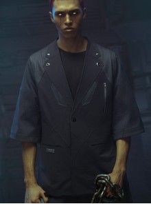 Raven Series Summer Carbon Black Street Thug Style Splicing Mesh Material Loose Cyberpunk Short Sleeves Suit Jacket