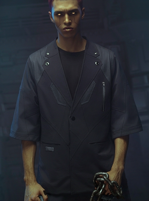 Raven Series Summer Carbon Black Street Thug Style Splicing Mesh Material Loose Cyberpunk Short Sleeves Suit Jacket