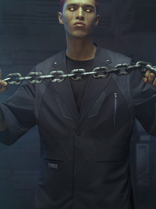 Raven Series Summer Carbon Black Street Thug Style Splicing Mesh Material Loose Cyberpunk Short Sleeves Suit Jacket